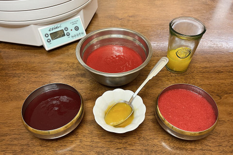 Миска с ягодным пюре, розетка с мёдом и ложкой, миски со смородиновым и поричковым пюре и стакан апельсинового сока