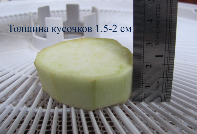 Кружальце баклажана на лотку поряд із лінійкою: товщина 1,5–2 см