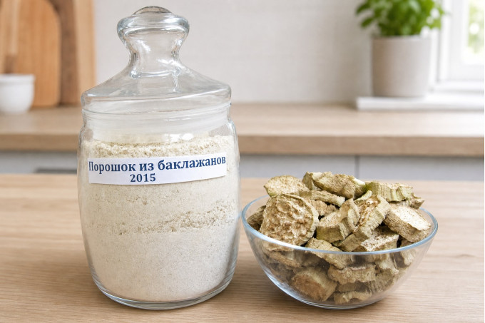 Банка баклажанового порошку поряд із мискою сушених кружалець