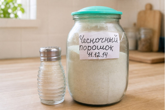 Банка часникового порошку з підписаною етикеткою та сільничка
