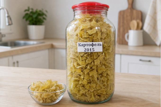 Полуторалитровая банка с сушёным картофелем и подписью «Картофель 2015», рядом миска с лепестками