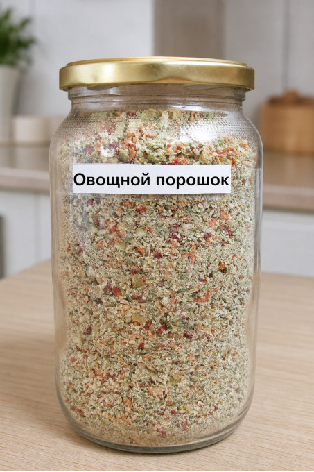 Банка домашнего овощного порошка, в котором видны оранжевые хлопья моркови